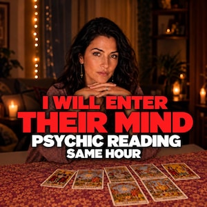 May include: A set of tarot cards laid out on a patterned fabric surface. The text I WILL ENTER THEIR MIND PSYCHIC READING SAME HOUR is displayed in bold red and white lettering over the image of a person with dark hair resting their chin on hands.