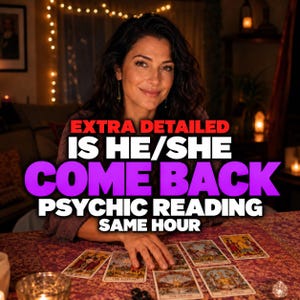 May include: A psychic reading service featuring tarot cards laid out on a patterned purple cloth. The text overlay reads: EXTRA DETAILED IS HE/SHE COME BACK PSYCHIC READING SAME HOUR. The cards display various illustrations and the label THE LOVERS.