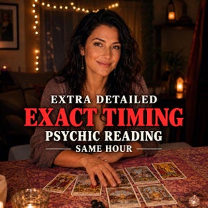 May include: A person with dark wavy hair wearing a purple top, positioned behind a table covered in a patterned cloth with tarot cards. The text reads: EXTRA DETAILED EXACT TIMING PSYCHIC READING SAME HOUR. The scene is lit by warm, soft ambient lights.