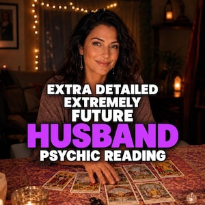 May include: A psychic reading service featuring the text EXTRA DETAILED EXTREMELY FUTURE HUSBAND PSYCHIC READING. The image shows a person with dark hair sitting at a table covered in a patterned cloth with several tarot cards laid out in front.