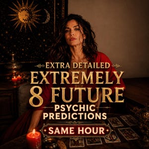 Puede incluir: Un gráfico digital con una persona de cabello oscuro vestida de rojo, sobre un fondo oscuro con un tapiz de sol y luna. El texto dice: EXTRA DETAILED EXTREMELY 8 FUTURE PSYCHIC PREDICTIONS SAME HOUR. Hay cartas de tarot extendidas sobre una mesa.