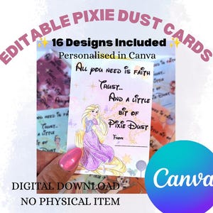 May include: A rectangular card featuring a cartoon character with long blonde hair in a purple dress, with the text All you need is faith Trust... And a little bit of Pixie Dust From. The card includes small star and butterfly graphics.