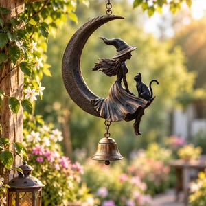 May include: A bronze-toned hanging ornament featuring a crescent moon with a seated figure wearing a pointed hat and a flowing dress, accompanied by a small cat. A metal bell hangs from the bottom of the moon, suspended by a small chain.