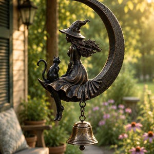 Peut inclure: Un carillon éolien suspendu de couleur bronze représentant une silhouette portant un chapeau pointu et une robe, assise sur un croissant de lune avec un petit chat à ses côtés. Une cloche en métal est suspendue sous la lune par une chaîne.