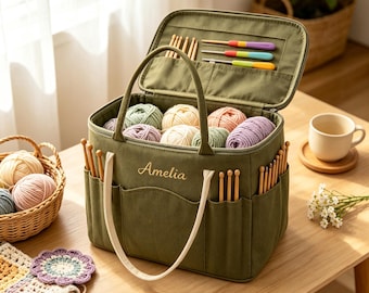 Bolsa de lona tejida bordada personalizada, para guardar hilo, artículos de ganchillo, ganchillo, regalo para tejedores