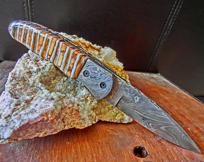 Damascus Folder, Fossil Mammoth Tooth Custom Handmade Pocket Knife