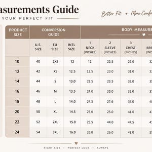 May include: A body measurements guide chart featuring an illustration of a person with numbered points for neck, sleeve, chest, breast, waist, and height. The table displays product sizes 10 through 24 with corresponding U.S., EU, and international sizes.