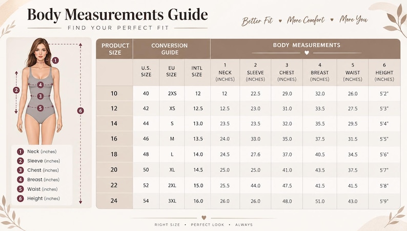 May include: A body measurements guide chart featuring an illustration of a person with numbered points for neck, sleeve, chest, breast, waist, and height. The table displays product sizes 10 through 24 with corresponding U.S., EU, and international sizes.