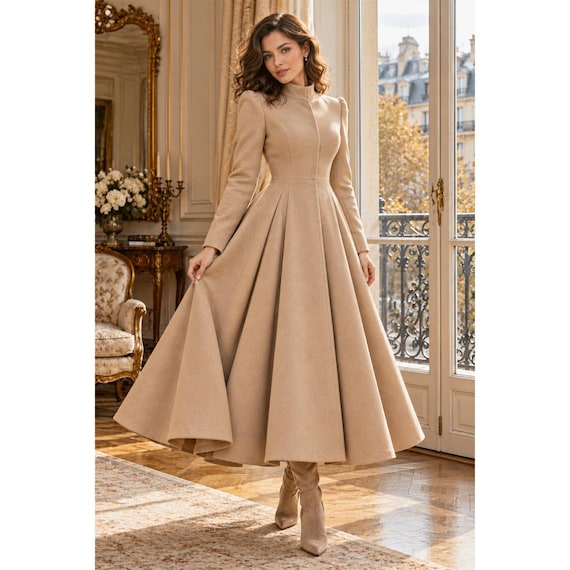Beige Wool Coat Dress, Elegant Flare Silhouette, Winter Formal Wear
