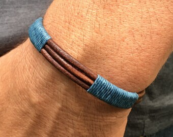 Men's Bracelet, Men's Cuff, Men's Jewelry, Leather Bracelet, Men's Blue Bracelet, Anniversary Gifts for Him, Groomsmen Gifts, Gifts for Dad