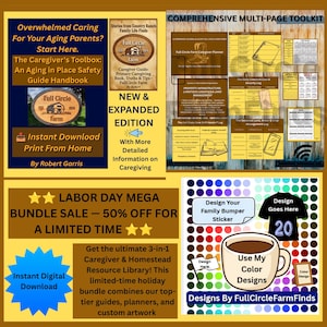 May include: A digital flyer for a caregiver's toolbox handbook and multi-page toolkit from Full Circle Farm. It features text about an aging in place safety guide, a labor day bundle sale, and a color palette chart with a coffee mug graphic.