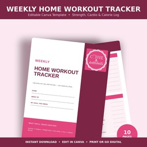 Op de afbeelding: Een wekelijkse workout-tracker-sjabloon voor thuis in een wit en donkerroze kleurenschema. Het document bevat velden voor naam, week en doelen, met secties voor het bijhouden van sets, herhalingen en calorieën. Het toont de tekst Coffee & kettlebells.