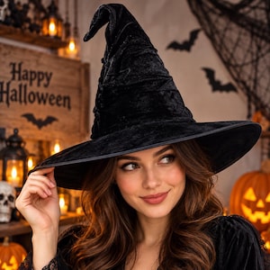 Stor svart häxhatt för kvinnor, spetsig filthatt för halloween, huvudbonad för häxkostym för vuxna, tillbehör till cosplay-kostym