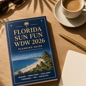 May include: A dark blue planning guide titled FLORIDA SUN FUN WDW 2026 with a beach and palm tree image on the cover. The text includes BEACHES, THEME PARKS, LOCAL GEMS, ITINERARIES, TIPS, and CHECKLISTS. The book is placed near sunglasses, a coffee cup, and a pen.