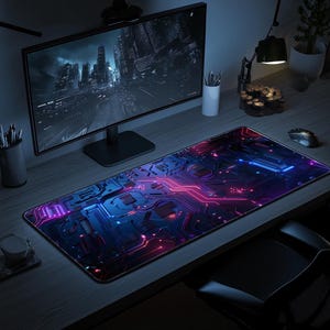 May include: A rectangular desk mat featuring a dark, high-tech circuit board pattern with glowing blue and magenta lines. The mat lies flat on a wooden surface beneath a computer monitor displaying a city skyline, a computer mouse, and pen holders.