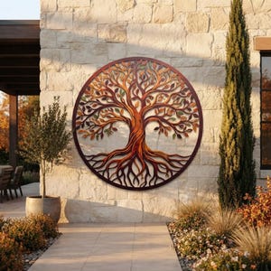 May include: A circular metal wall art piece featuring a detailed tree with intricate branches and roots. The tree is rendered in shades of copper, bronze, and brown, with multi-coloured leaves in hues of green, yellow, and orange within the frame.