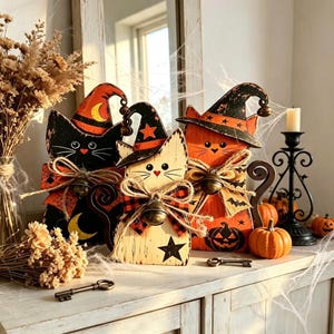 Op de afbeelding: Drie houten kattenbeeldjes voor Halloween, elk met een puntige heksenhoed. De katten zijn zwart, crème en oranje, versierd met sterren, manen en pompoenen. Elke kat heeft een strik van jutekoord met een klein metalen belletje eraan.