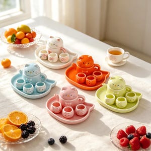 Peut inclure: Un ensemble de cinq services à thé en céramique, chacun comprenant une théière en forme de chat et trois petites tasses assorties sur un plateau en forme de chat. Les services sont blancs, bleu clair, orange, roses et vert clair.