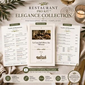Puede incluir: Un kit profesional de restaurante Elegance Collection con tres plantillas de menú. El conjunto incluye un menú de una sola página, un menú premium y un menú plegable, todos con texto personalizable, gráficos de ramas de olivo y tutorial en vídeo.