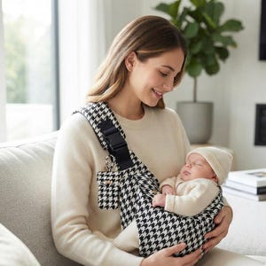 May include: A black and white houndstooth patterned baby carrier featuring a wide shoulder strap, a black plastic buckle, and a small matching pouch attached to the side. The carrier is designed to hold an infant securely against the chest.