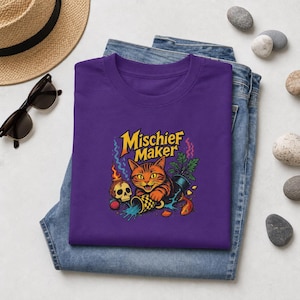 Gildan 5000, Mischief Maker Cat Tee | Retro Cat Graphic T-Shirt