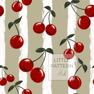 Puede incluir: Un patrón continuo de cerezas de color rojo brillante con tallos y hojas de color verde oscuro sobre un fondo de rayas verticales blancas con efecto de pincelada sobre una cuadrícula color topo. El texto LITTLE PATTERN Hub está enmarcado.