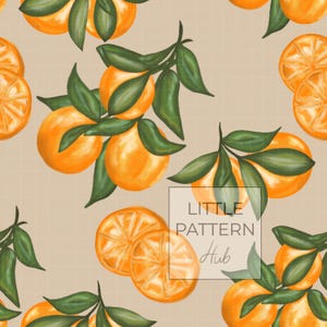 May include: A seamless pattern featuring bright orange citrus fruits and dark green leaves on a light beige grid background. The design includes whole oranges and sliced segments. A square box contains the text LITTLE PATTERN Hub.