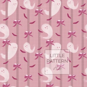 May include: A repeating pattern on a dusty rose background featuring white ghosts, dark pink bows, and small dark pink bats arranged over vertical stripes. A square frame in the lower right corner contains the text LITTLE PATTERN Hub.