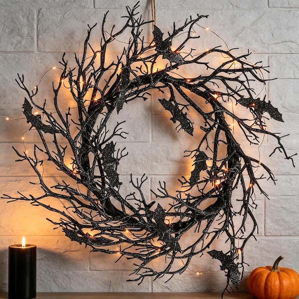 Black Twig Halloween Wreath: Light‑up Bat Branch Wreath, Gothic Wall Door Hanging Decor for Indoor Halloween Party