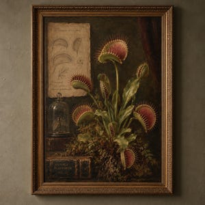 Könnte beinhalten: Ein gerahmtes Ölgemälde, das eine Venusfliegenfalle mit roten und grünen Blättern, eine Glasglocke mit einem Insekt und ein altes Buch mit der Aufschrift "HISTORIA PLANTARUM VOL II" sowie eine botanische Skizze im Hintergrund zeigt.