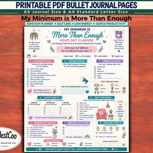 Op de afbeelding: Een printbare PDF bullet journal pagina getiteld My Minimum is More Than Enough ADHD Day Planner. De lay-out bevat secties voor doelen, focus, energie-check-ins, zelfzorgmenu's en dagelijkse herinneringen met pastelkleurige iconen en tekst.