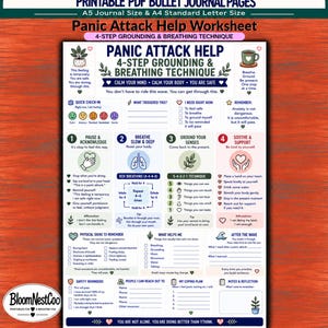 May include: A printable PDF worksheet titled Panic Attack Help 4-Step Grounding & Breathing Technique. The document features sections for quick check-ins, grounding exercises, box breathing instructions, physical signs, and personal coping plans.