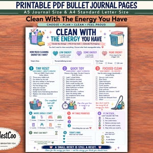 Könnte beinhalten: Eine druckbare PDF-Bullet-Journal-Seite mit dem Titel Clean With The Energy You Have, die Abschnitte zur Aufgabenverwaltung basierend auf Energieniveaus enthält, einschließlich Tiny Reset, Quick Tidy, Focused Clean, mit bunten Symbolen und Kästchen.