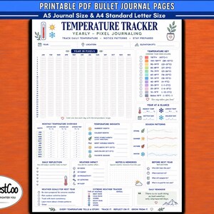 May include: A printable PDF temperature tracker bullet journal page featuring a yearly pixel grid, a temperature key with Fahrenheit and Celsius ranges, monthly overview tables, weather impact logs, and sections for notes, reflections, and goals.