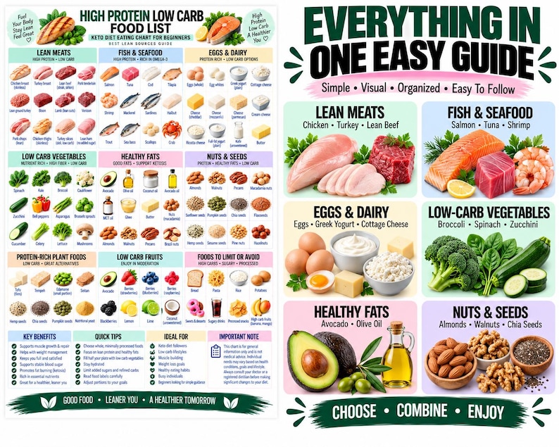 High Protein Low Carb Food List Poster, Keto Diet Chart for Beginners ...