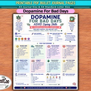 Peut inclure: Une page de journal PDF imprimable intitulée Dopamine For Bad Days ADHD Coping Skills. Le document comprend des sections pour suivre les sentiments, les victoires instantanées, le mouvement, la stimulation cérébrale et le confort.