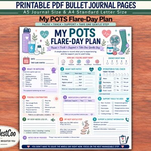 Puede incluir: Una página de diario en PDF imprimible titulada My POTS Flare-Day Plan. El documento incluye secciones para registrar síntomas, frecuencia cardíaca, hidratación, medicación y herramientas de apoyo, decorado con iconos de botella y ventilador.