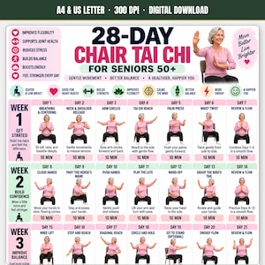 May include: A 28-day chair Tai Chi digital download chart for seniors 50+ featuring a 300 DPI A4 and US Letter format. The guide includes daily exercise routines with illustrations of a person in a pink shirt performing movements.