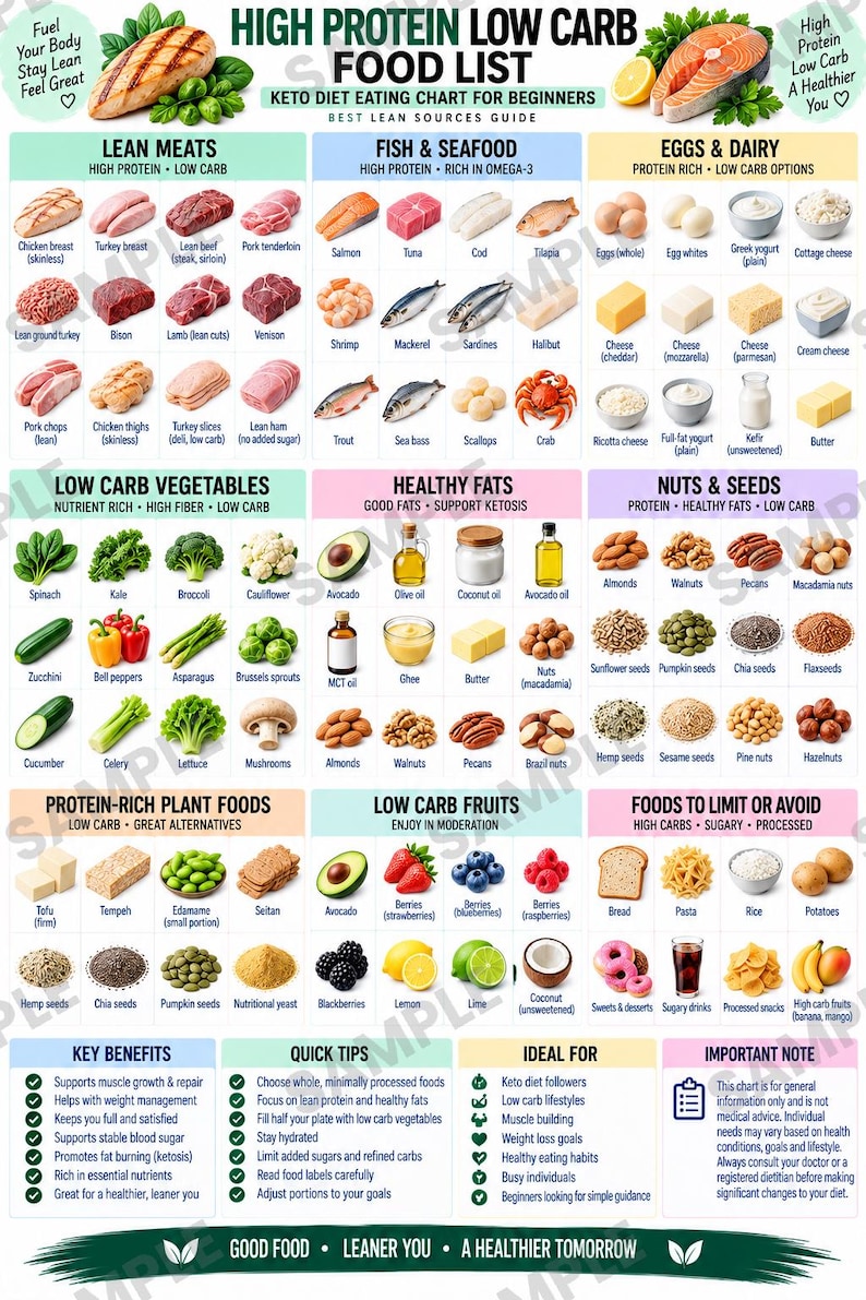 High Protein Low Carb Food List Poster, Keto Diet Chart for Beginners ...