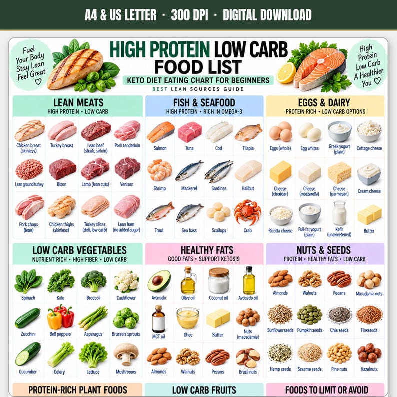 High Protein Low Carb Food List Poster, Keto Diet Chart for Beginners ...