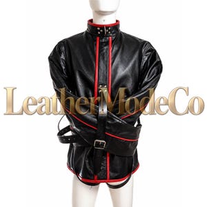 Black Genuine Leather Straitjacket, Red Trim Buckle Strap Jacket, Heavy Duty Alternative Costume