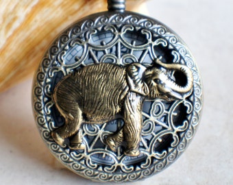 Bronze Elephant Pocket Watch with Tiger Eye Bead Chain