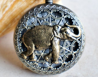Bronze Elephant Mechanical Pocket Watch with Tiger Eye Bead Chain