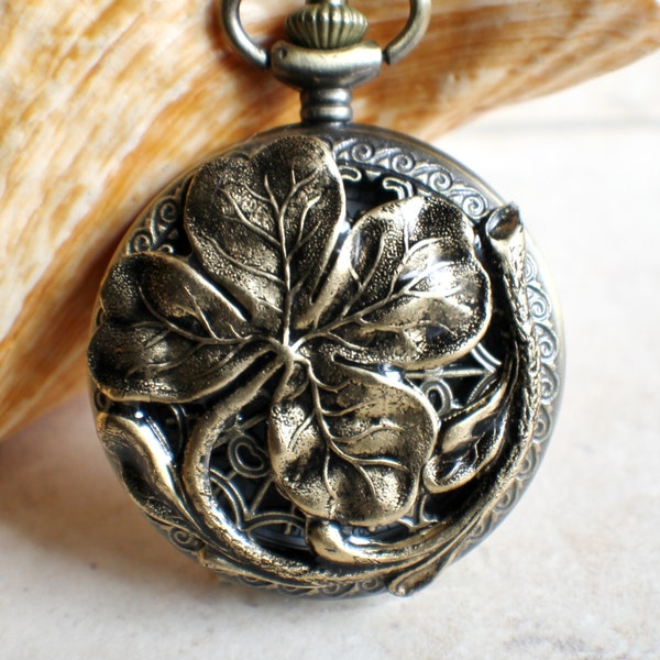 Four leaf clover mechanical pocket watch, Grooms pocket watch, Best Man gift, Gift for Dad, Shamrock pocket watch