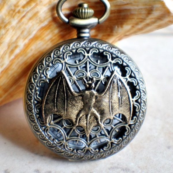 Bat pocket watch,  Men's goth bat pocket watch in bronze