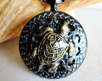 Sea Turtle Mechanical Pocket Watch: Bronze Turtle, Black Finish