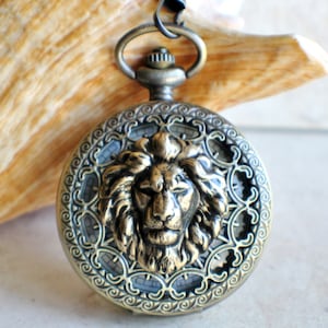 Lion pocket watch, bronze lion pocket watch,  with tiger eye beads on watch chain