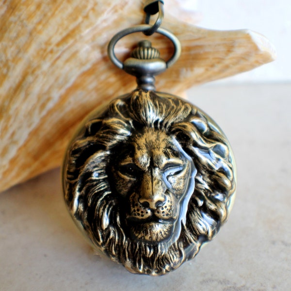 Lion pocket watch, Bronze lion pocket watch,  with tiger eye beads on watch chain