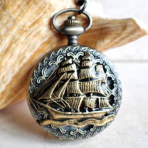 Ship pocket watch, men&#39;s pocket watch, nautical theme,  front case is mounted with sailing ship