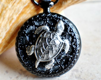 Turtle men's black pocket watch, front case is mounted with silver sea turtle